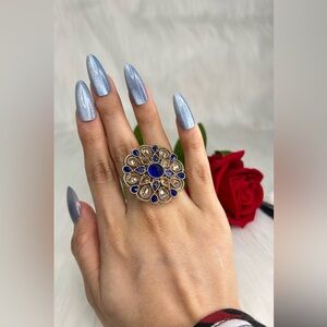Elegant Blue and Gold Adjustable Statement Ring